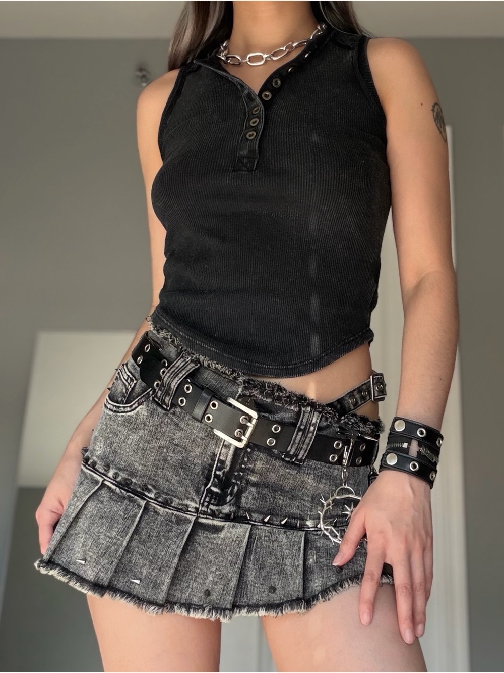 Y2K Grunge Hippie Rose Acid Wash Dark Grey Ribbed Henley Button Down Tank Top